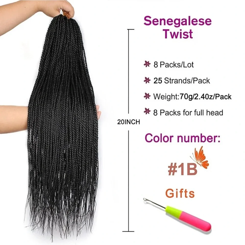 ZRQ 20 Inch 8 Packs Senegalese Twist Crochet Hair #1B Black Synthetic Extensions